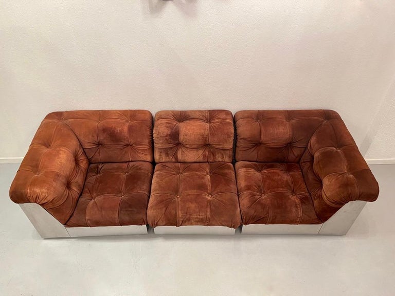 Nubuck Leather and Steel Sofa by Giorgio Montani for Souplina, France,  1970s For Sale at 1stDibs
