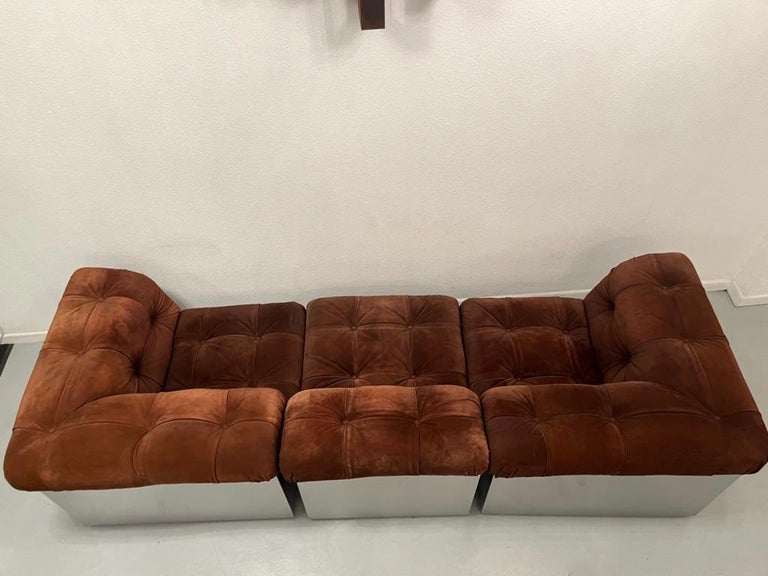 Nubuck Leather and Steel Sofa by Giorgio Montani for Souplina, France,  1970s For Sale at 1stDibs