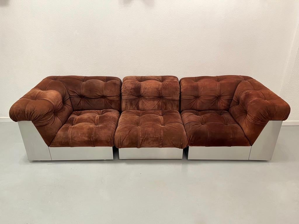 Italian Nubuck Leather & Steel Sofa by Giorgio Montani for Souplina, France, 1970s For Sale