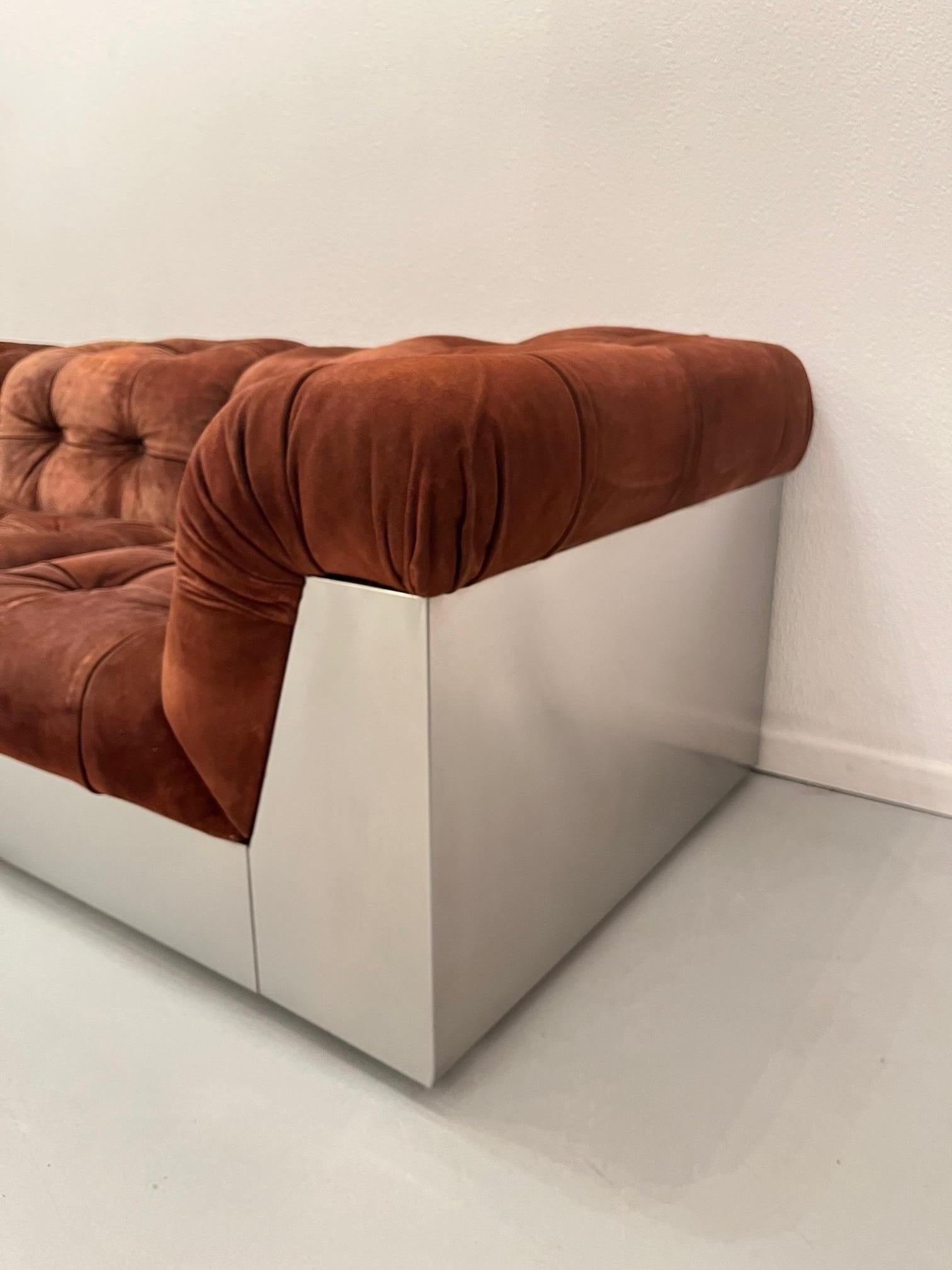 Nubuck Leather & Steel Sofa by Giorgio Montani for Souplina, France, 1970s In Good Condition In Geneva, CH