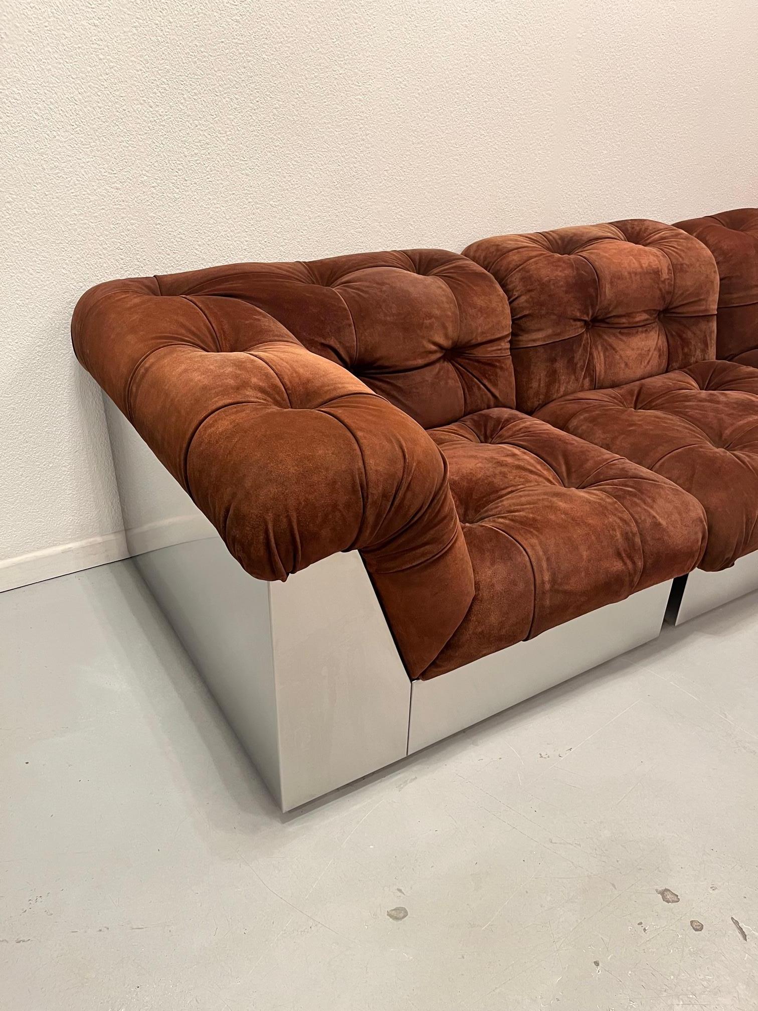 Late 20th Century Nubuck Leather & Steel Sofa by Giorgio Montani for Souplina, France, 1970s For Sale