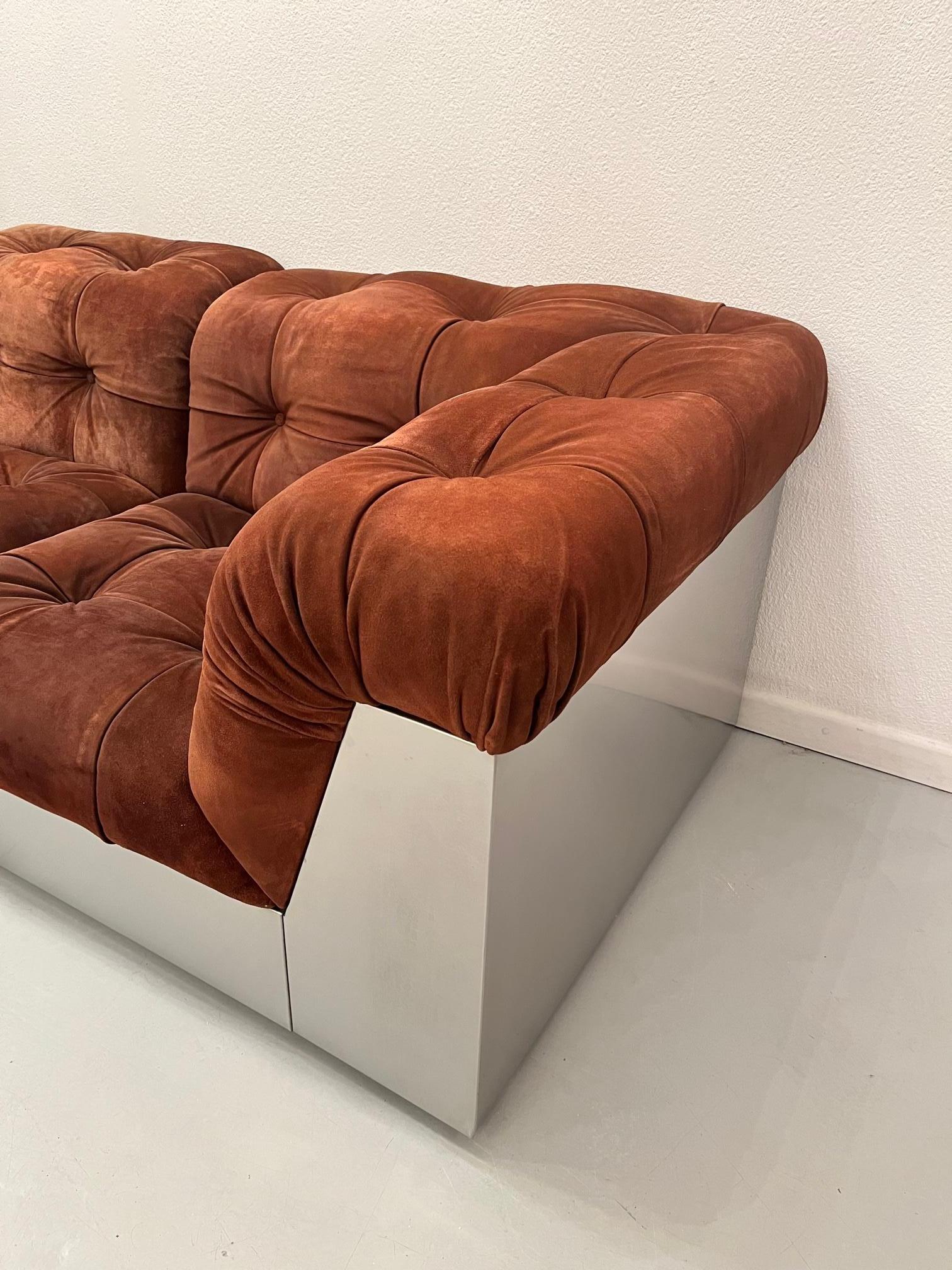 Nubuck Leather & Steel Sofa by Giorgio Montani for Souplina, France, 1970s 1