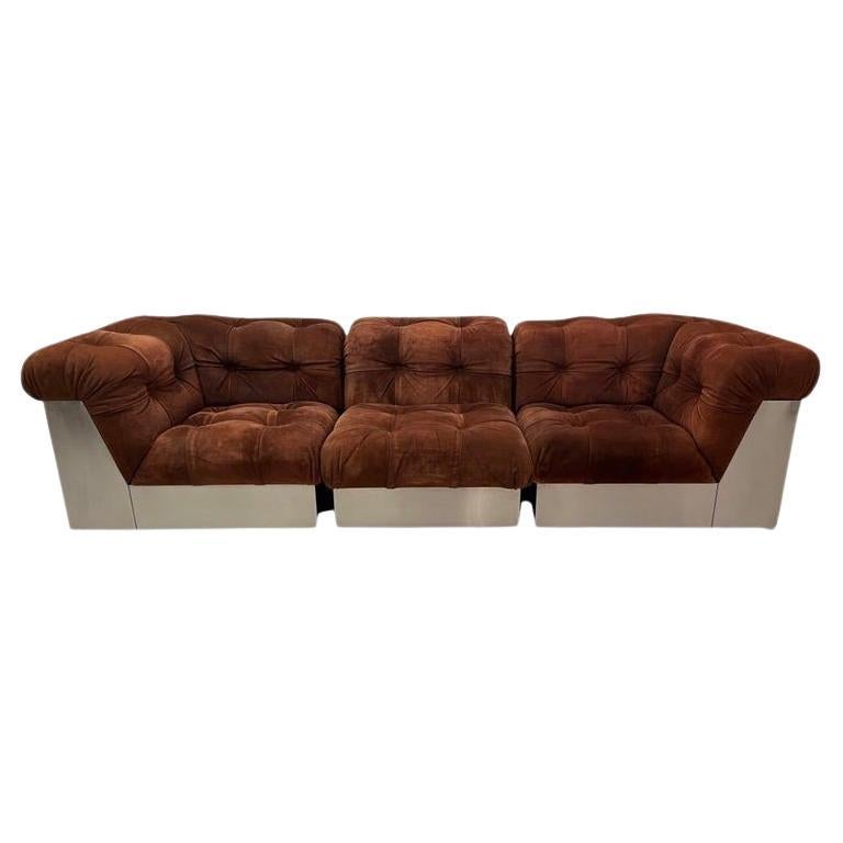 Nubuck Sofa aus Leder und Stahl von Giorgio Montani für Souplina, Frankreich, 1970er Jahre