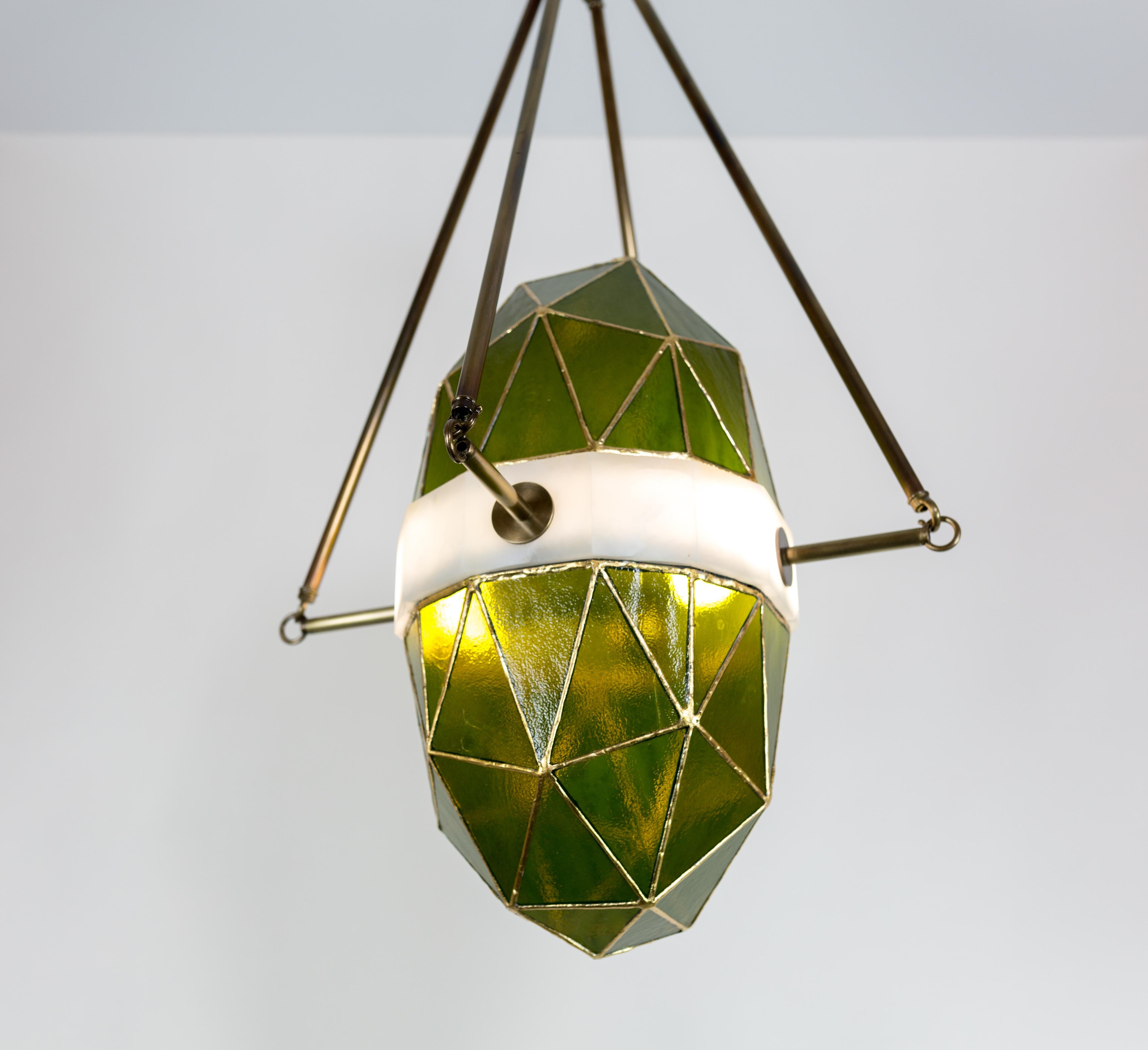 Modern Nucleus Emerald/Brass, Onyx, Stained Glass Contemporary Pendant Kalin Asenov For Sale