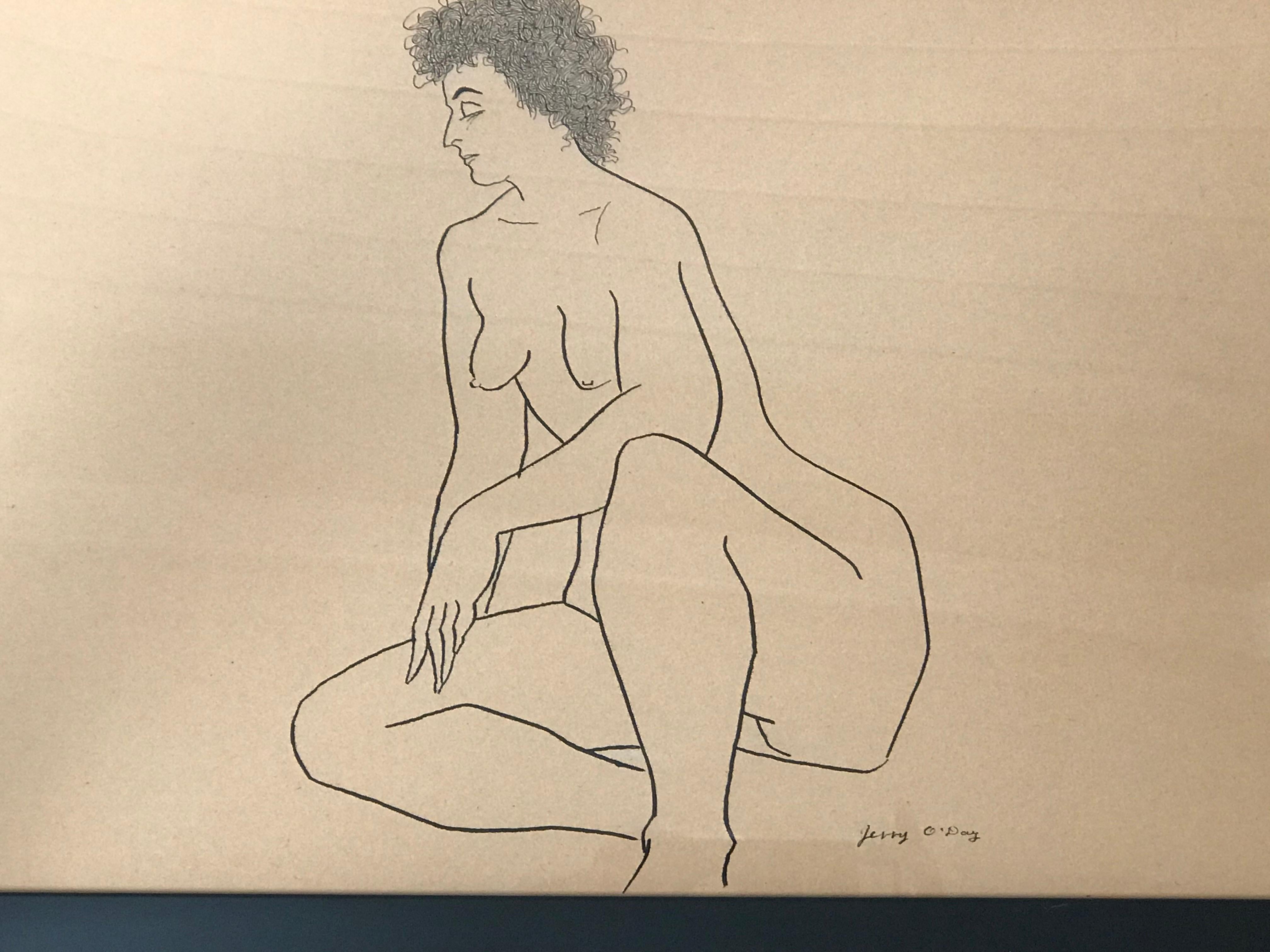 Gracious nude of a woman drawn with ink on craft paper. It is signed by the artist. The artwork sits in a simple black stained wood frame.
Jerry O'Day is also known as Geraldine Heib. Born in Oakland, CA on June 17, 1912, Geraldine Heib assumed the
