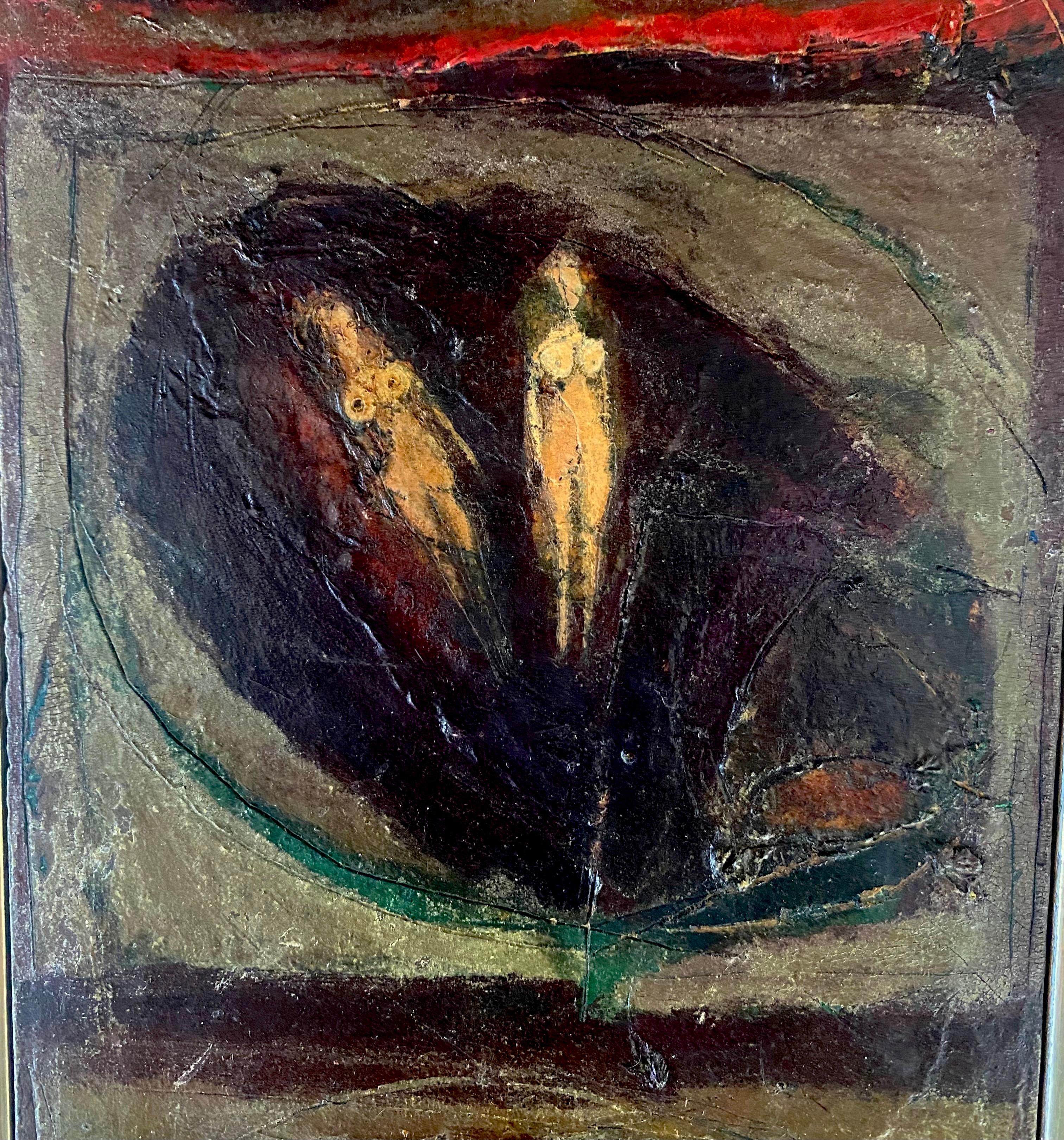 A very cool and whimsical abstract oil painting on wood from the 60's with three different vignettes of women in various forms from a pair of nudes to a mythological figure is quite unique. 
This small painting paints a big punch and is great