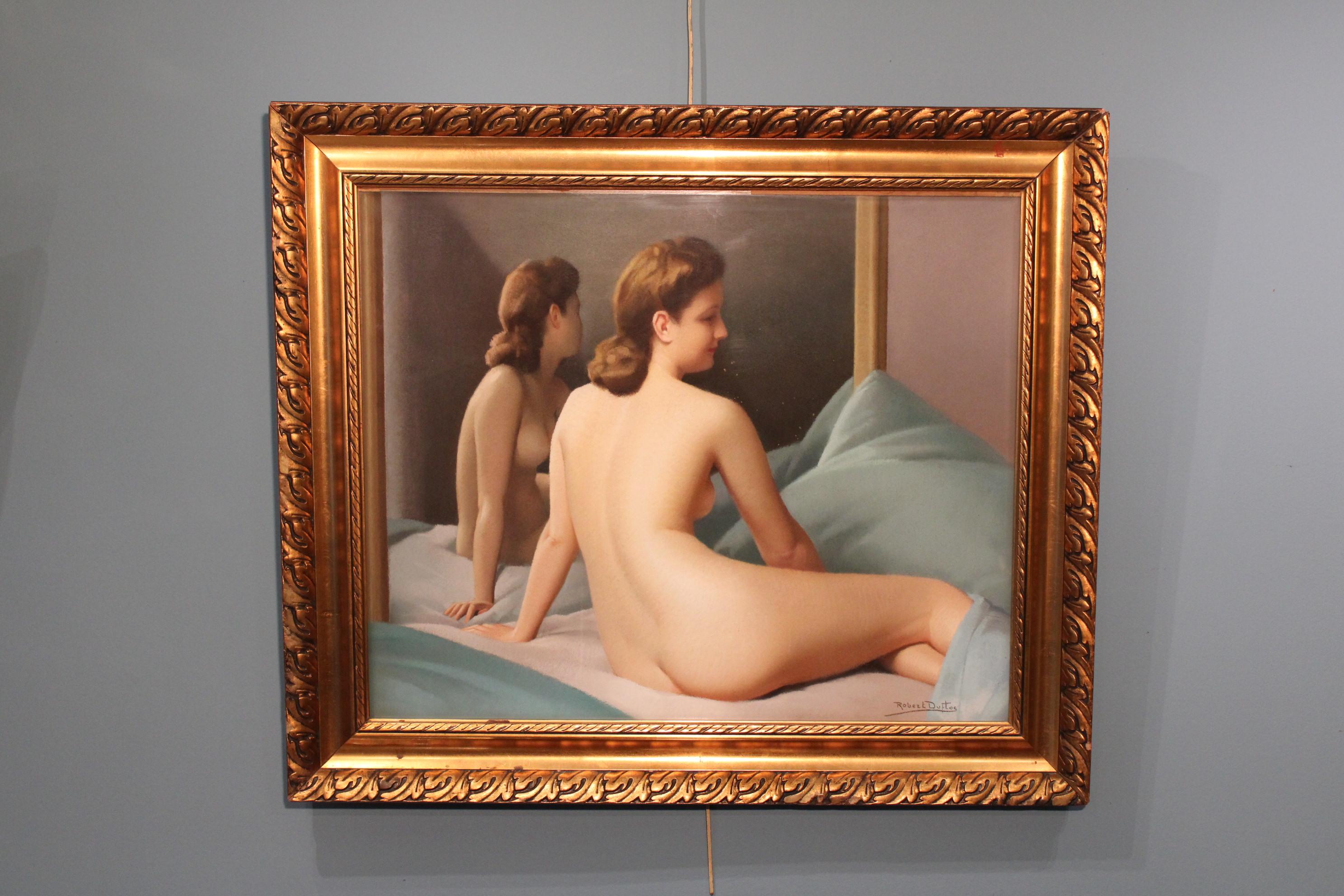 French “Nude and Mirror” Pastel by Robert Duflos, France, 20th Century For Sale