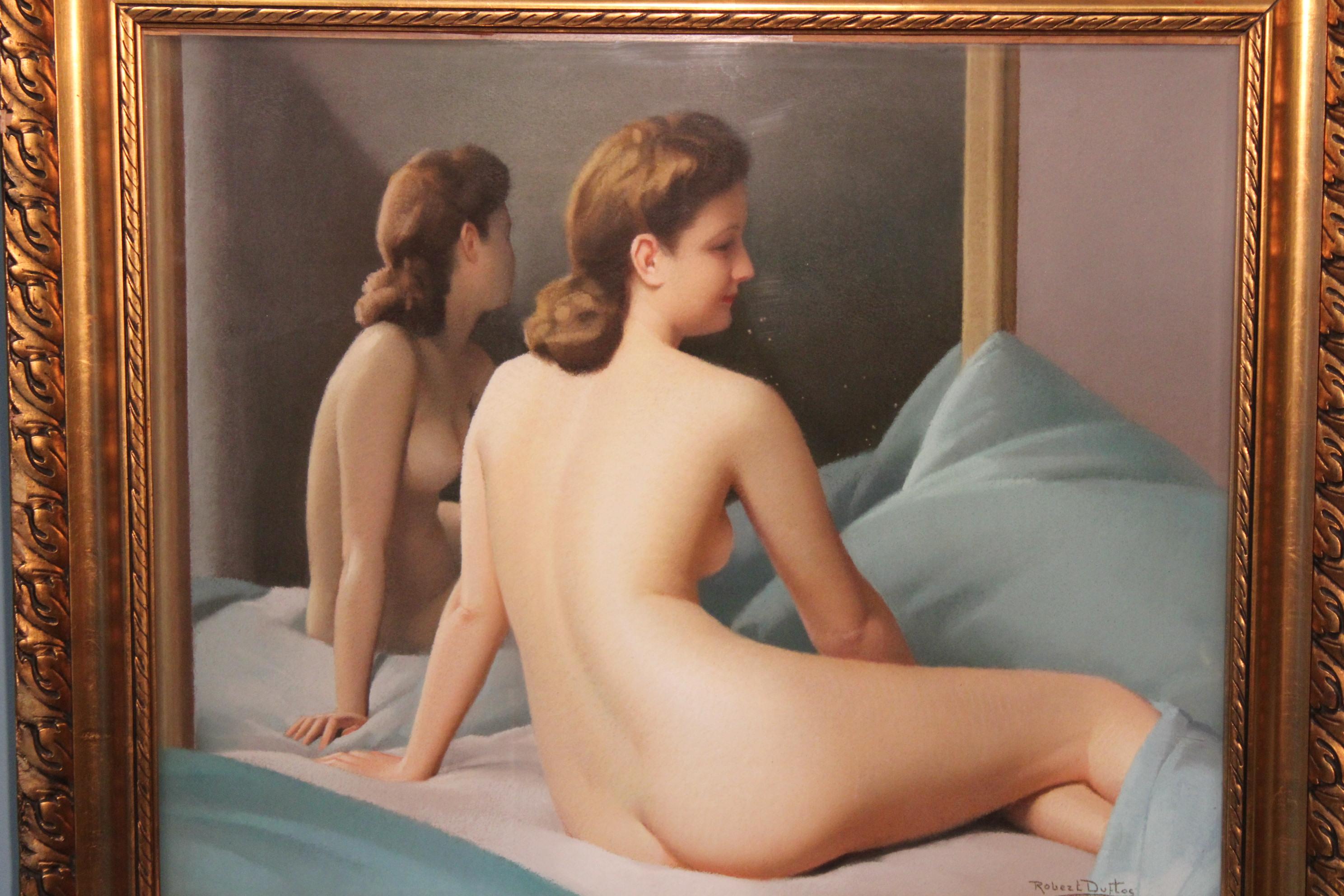 “Nude and Mirror” Pastel by Robert Duflos, France, 20th Century In Good Condition For Sale In Paris, FR