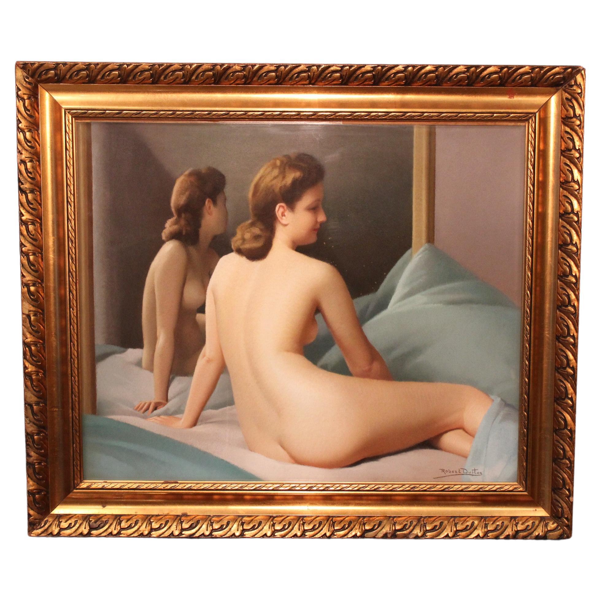“Nude and Mirror” Pastel by Robert Duflos, France, 20th Century