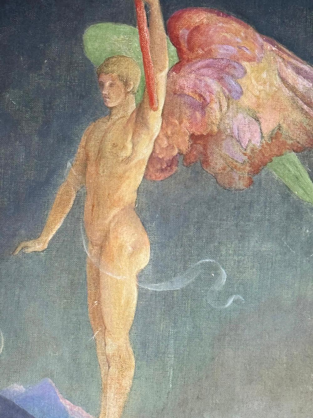 Diese lebhaft und kühn gemalte Art-Déco-Darstellung eines nackten männlichen Engels, der eine Fackel in die Höhe hält und von bunten, kunstvollen Flügeln getragen wird, wurde 1920 von Henry Strachey geschaffen.  Die Figur wird von einer Seite aus