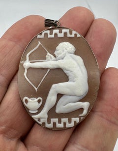 Nude Apollo God Archer Cameo Pendant Brooch Necklace Silver Antique VIctorian