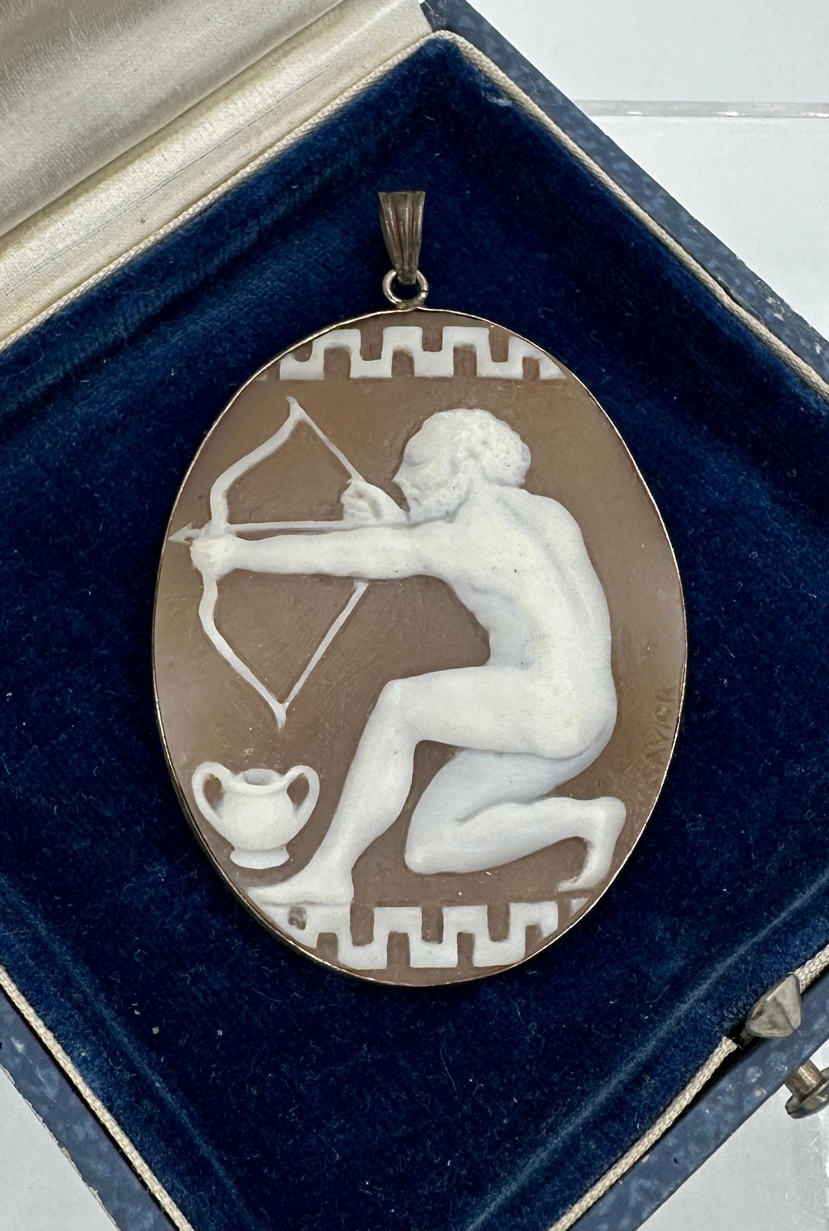 Victorian Nude Apollo God Archer Cameo Pendant Brooch Necklace Silver Antique VIctorian For Sale