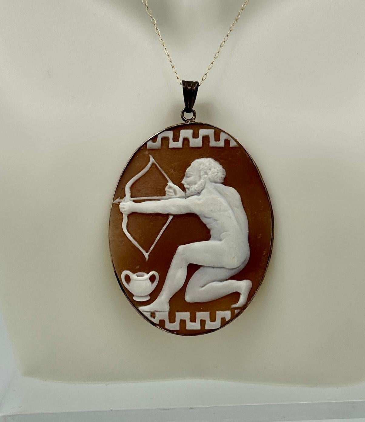 Nude Apollo God Archer Cameo Pendant Brooch Necklace Silver Antique VIctorian In Excellent Condition For Sale In New York, NY
