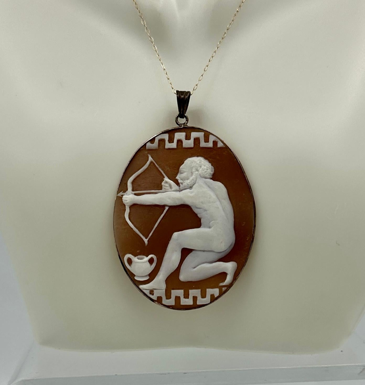 Nude Apollo God Archer Cameo Pendant Brooch Necklace Silver Antique VIctorian For Sale 2