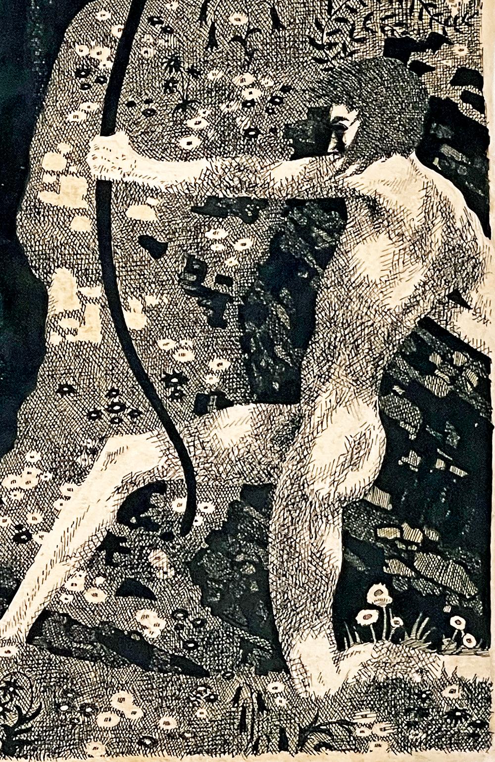 Diese kühne und stimmungsvolle Tuschezeichnung zeigt einen knienden männlichen Akt, der seinen Bogen spannt und seinen Pfeil zum Abschuss bereithält, umgeben von einer blumengeschmückten Landschaft, die sich eindeutig an Gustav Klimt orientiert. 