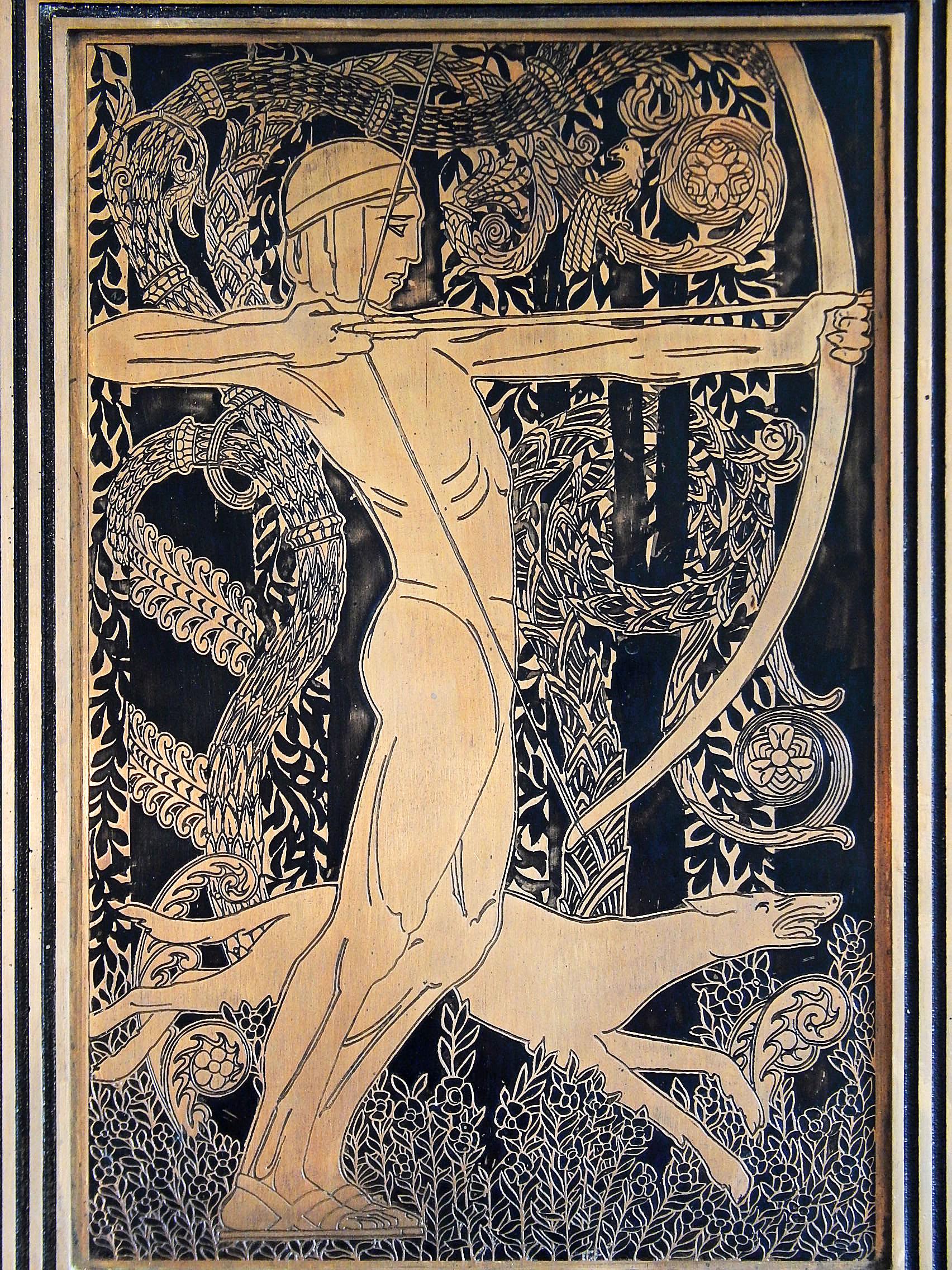 Strikingly designed and beautifully realized, this incised and enameled bronze panel depicts a nude youth drawing his bow, with a running hound at his feet, clearly showing the influence of 1920s French Art Deco design, as well as stylized Medieval