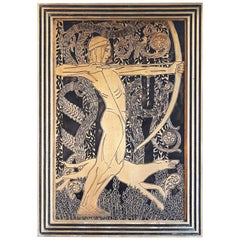 "Nude Archer with Hound, " Striking Art Deco Bronze Panel with Incised Figure