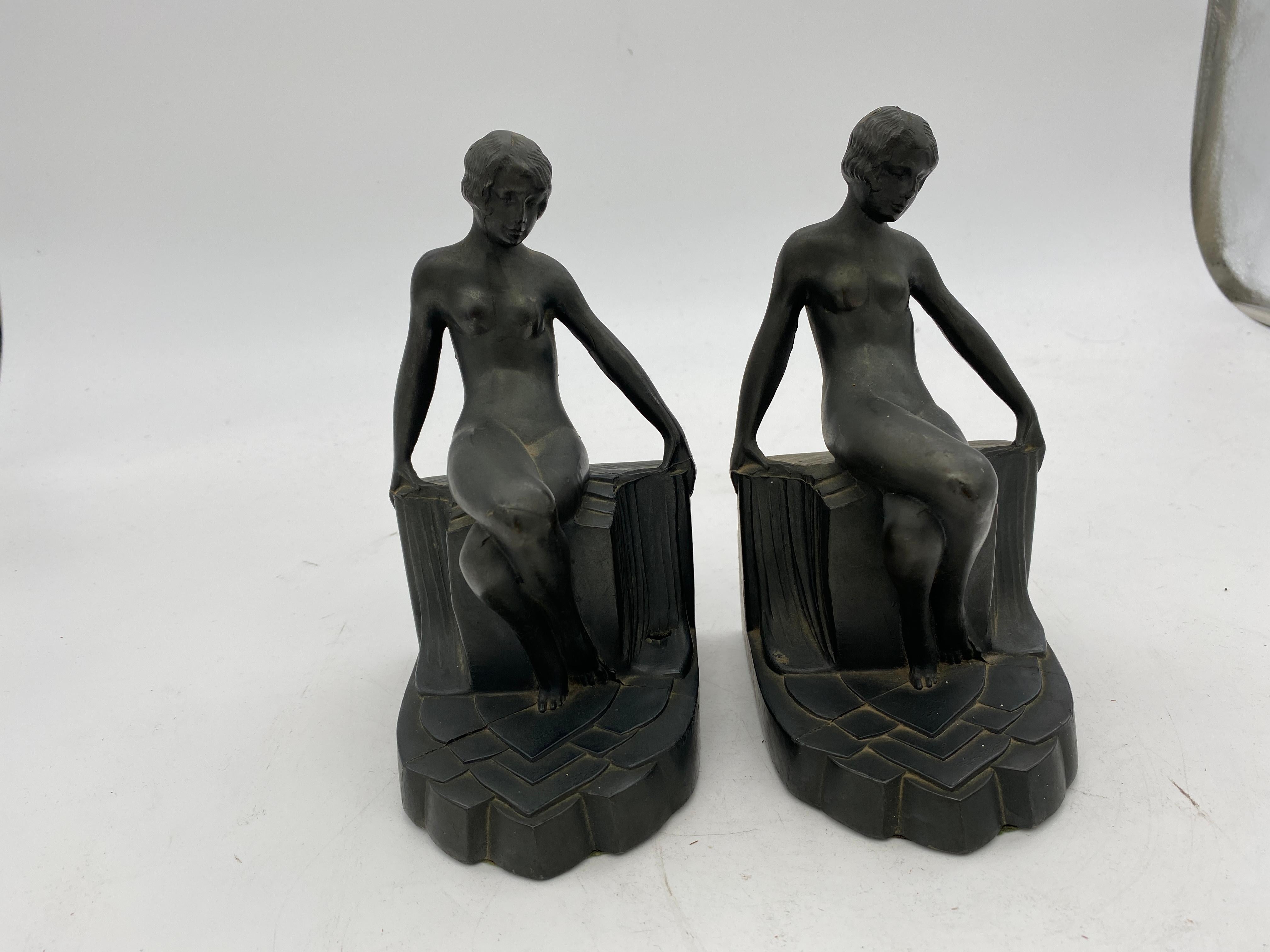 Nude Art Deco Flapper Girl Spelter Metal Bookends by Nuart, Pair For Sale 1