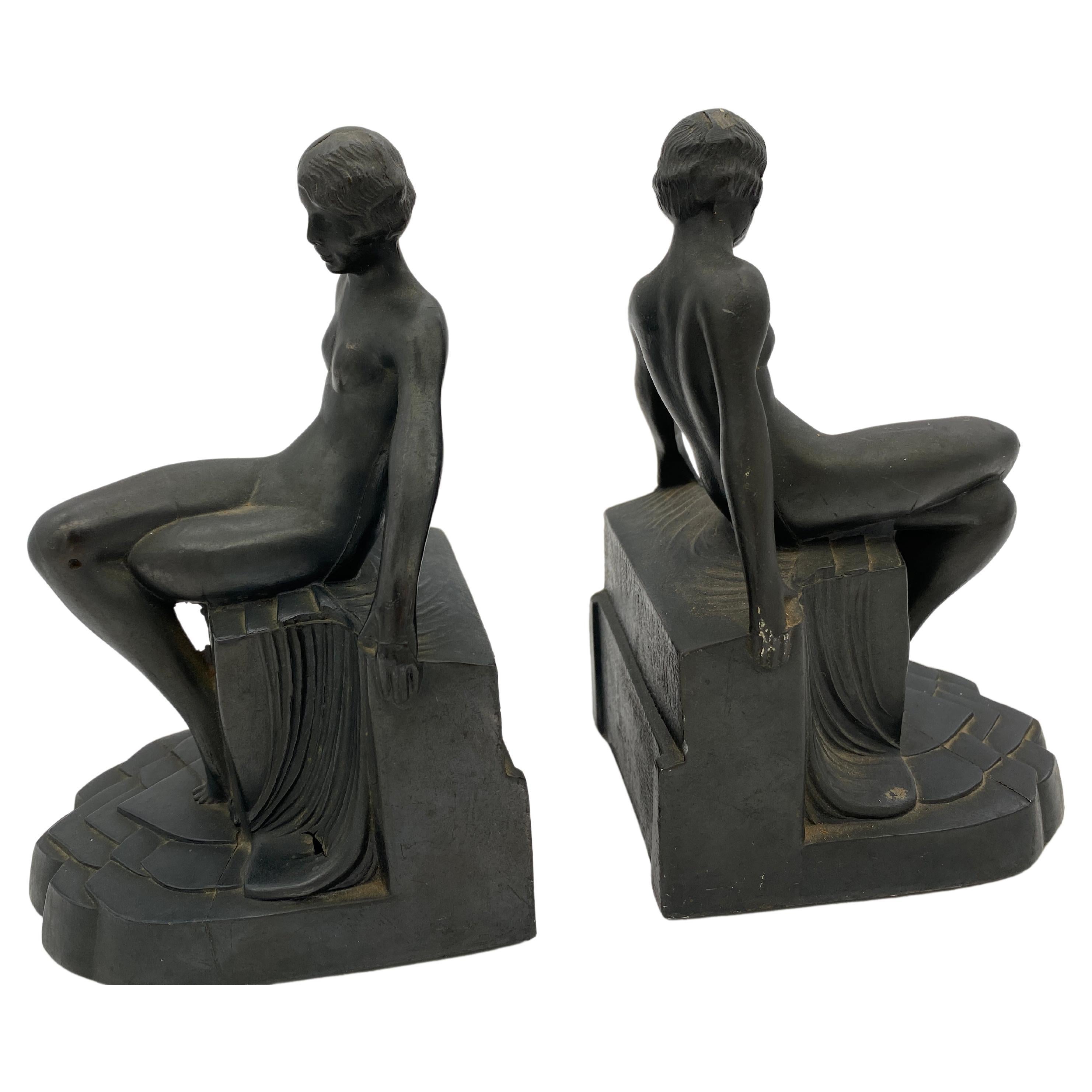 Nude Art Deco Flapper Girl Spelter Metal Bookends by Nuart, Pair For Sale