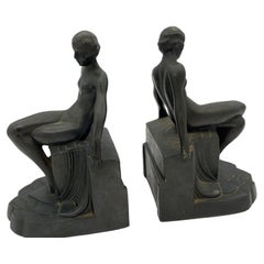 Nude Art Deco Flapper Girl Spelter Metal Bookends by Nuart, Pair