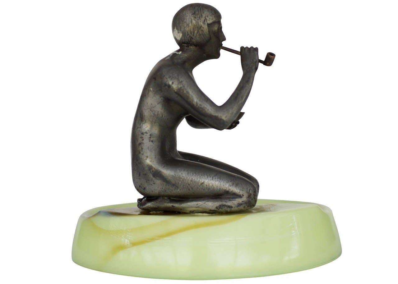 American Nude Art Deco Smoking Flapper Slag Glass Ashtray by Houzex For Sale