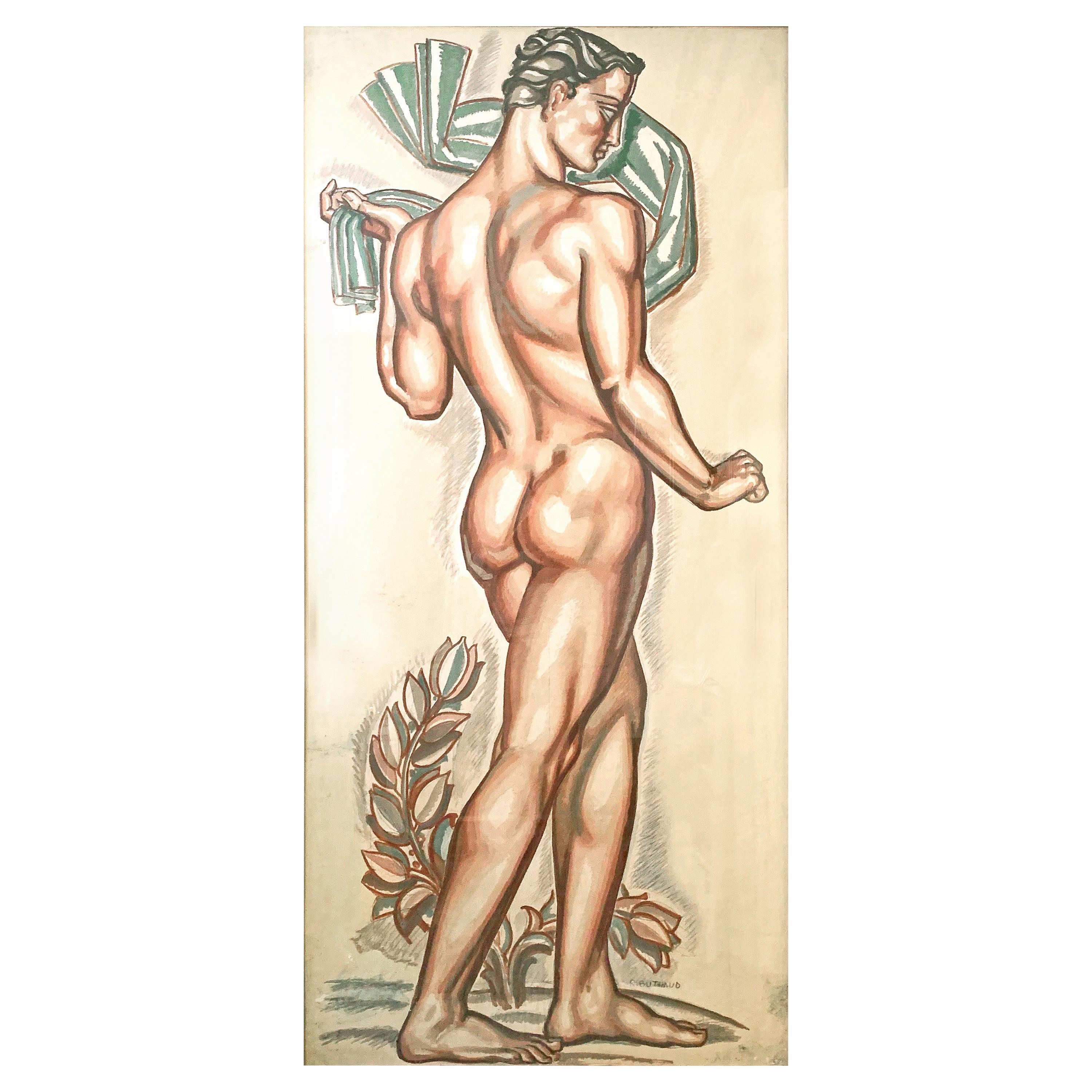 "Nude Athlete with Laurel Leaves, " Monumental Nude Male Painting by Buthaud