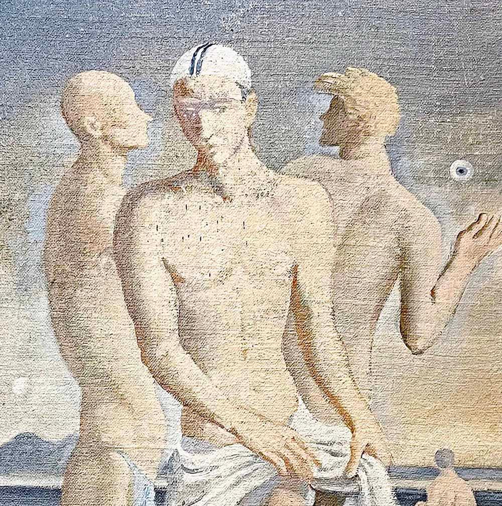 Pale and enigmatic, this lovely modern painting of three male nude bathers -- and a fourth in the distance -- on the sandy shore of a mountainous lake was painted by Ernest Smith.  Smith is known for his figural paintings in Australia, often male