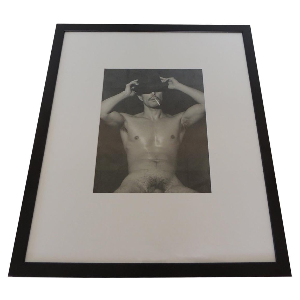 Nude Black & White Abstract Photograph of Male Torso with Hat and Cigarette