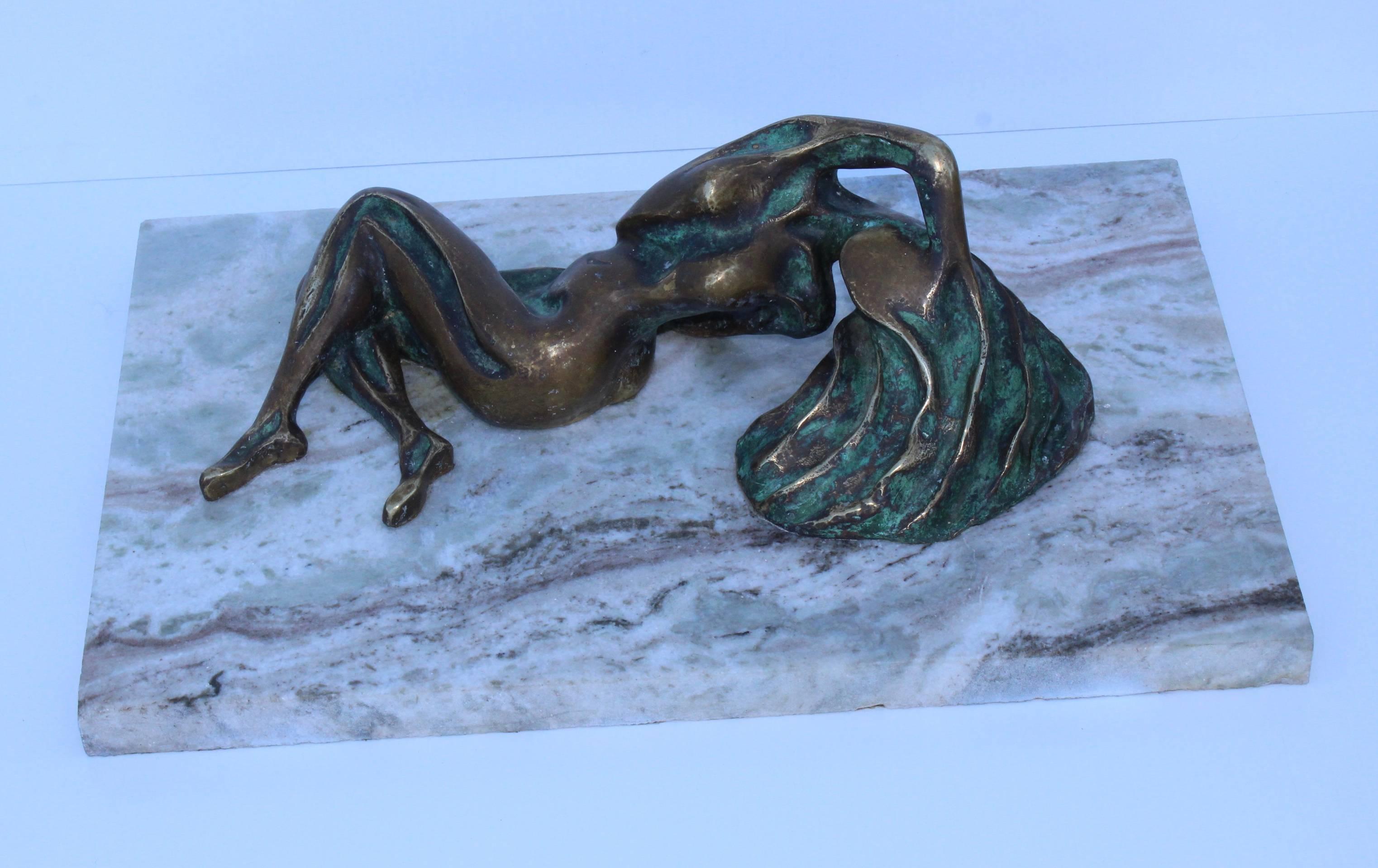 1970s nude bronze woman abstract sculpture. With beautiful green patina signed 