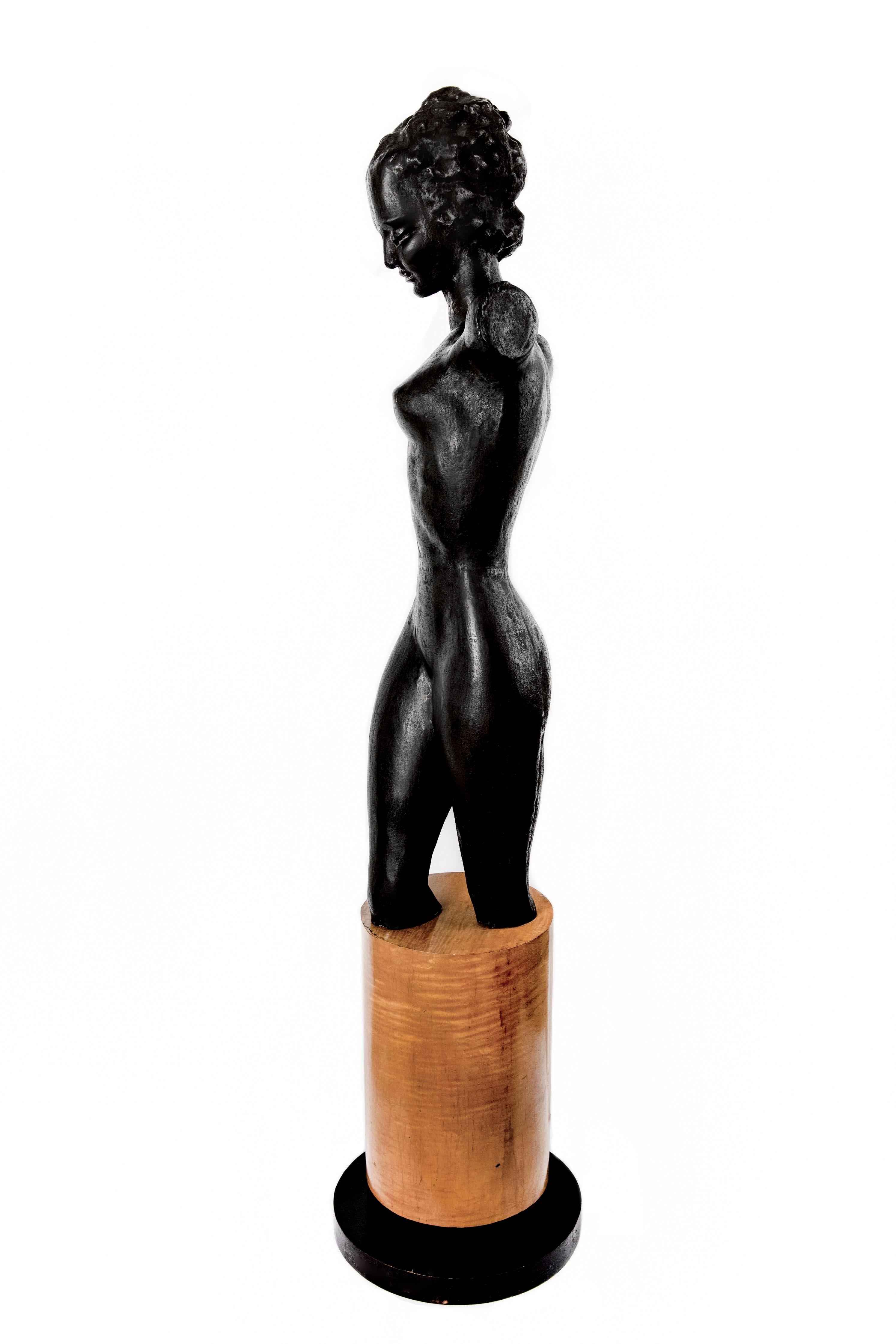 French Nude Bronze Art Deco Statue on Sycamore Base For Sale