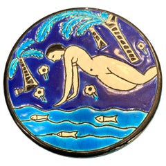 "Nude by the Stream, " Art Deco Vanity Jar, Nude by Longwy, Turquoise and Cobalt