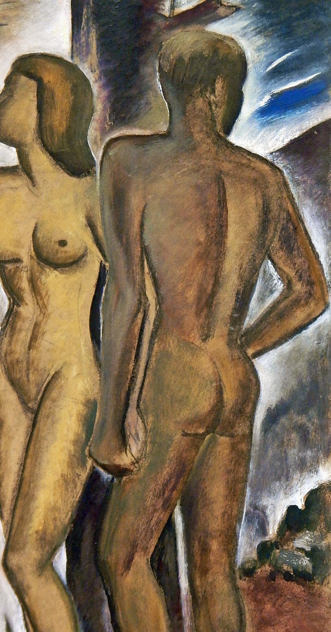 Reminiscent of the work of Marguerite Zorach and other masters of Modern American painting, this striking depiction by Virginia True of a nude couple, male and female holding hands, is set in a moonlit scene with a tall waterfall and scudding clouds