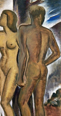 "Nude Couple by Moonlight, " Superb Art Deco Painting by Virginia True