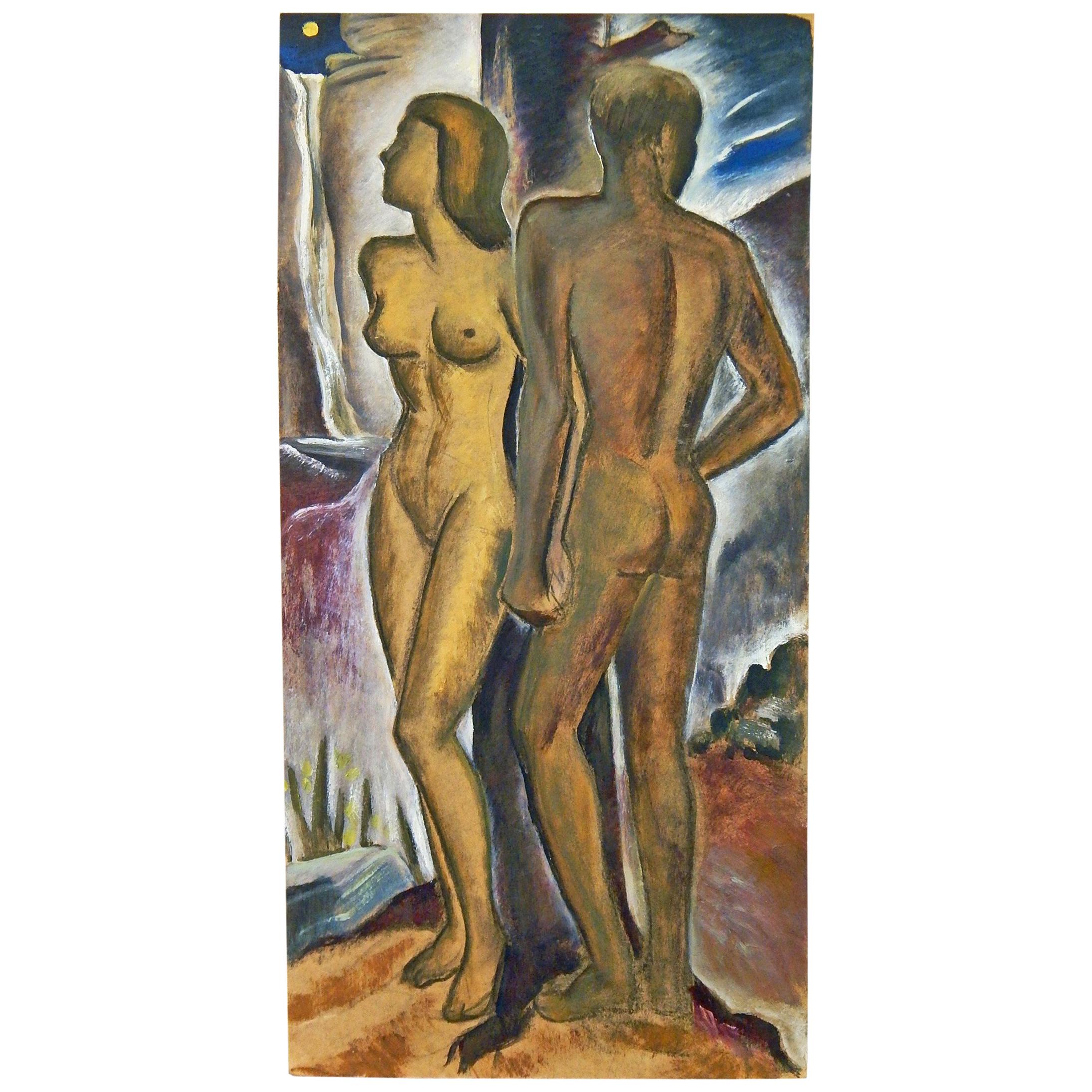"Nude Couple by Moonlight, " Superb Art Deco Painting by Virginia True