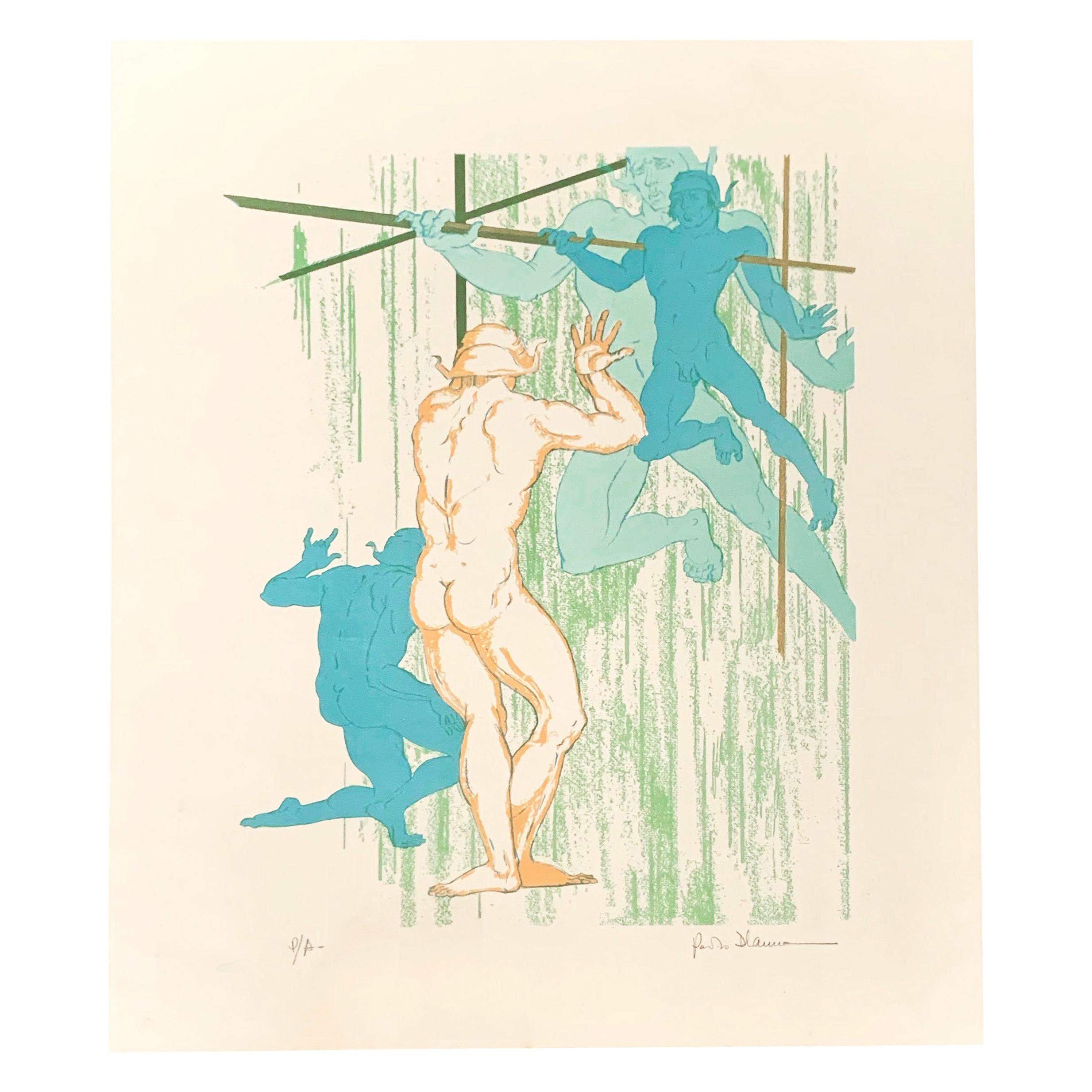 "Bailarinas desnudas", raro grabado en color de mediados de siglo con desnudos masculinos de D'Anna