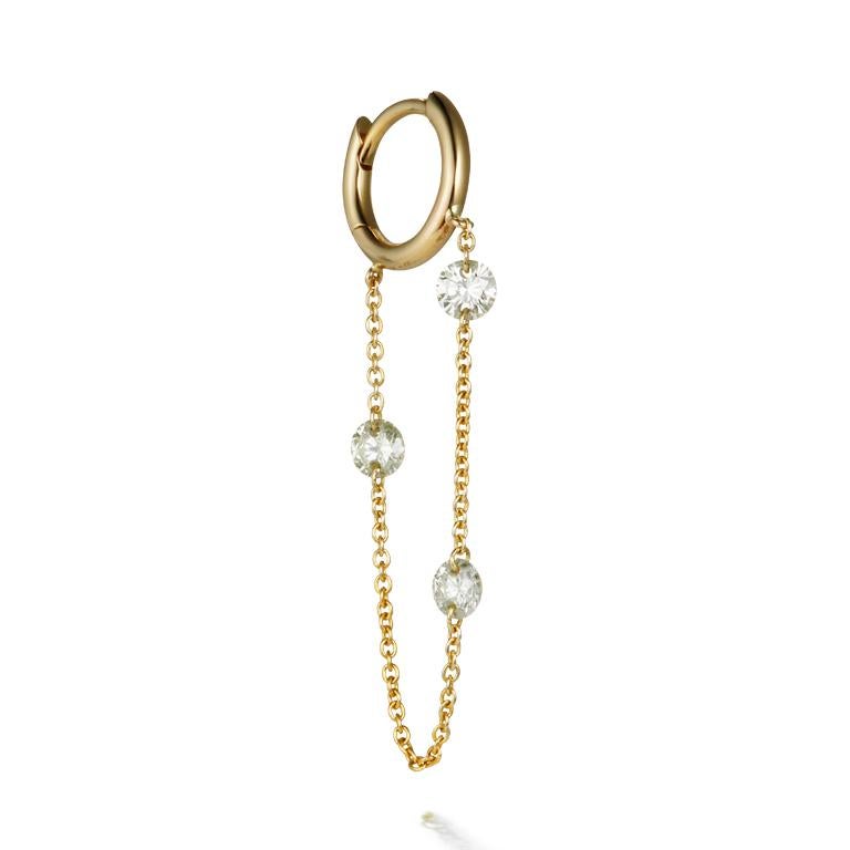 14K yellow gold pull through earring with a diamond.

Diamonds: 0.60 CTW (3mm diameter) 
Hoop: 9.5mm diameter 
Chain 25.6mm drop

Handmade at SUEL Atelier with love and care.