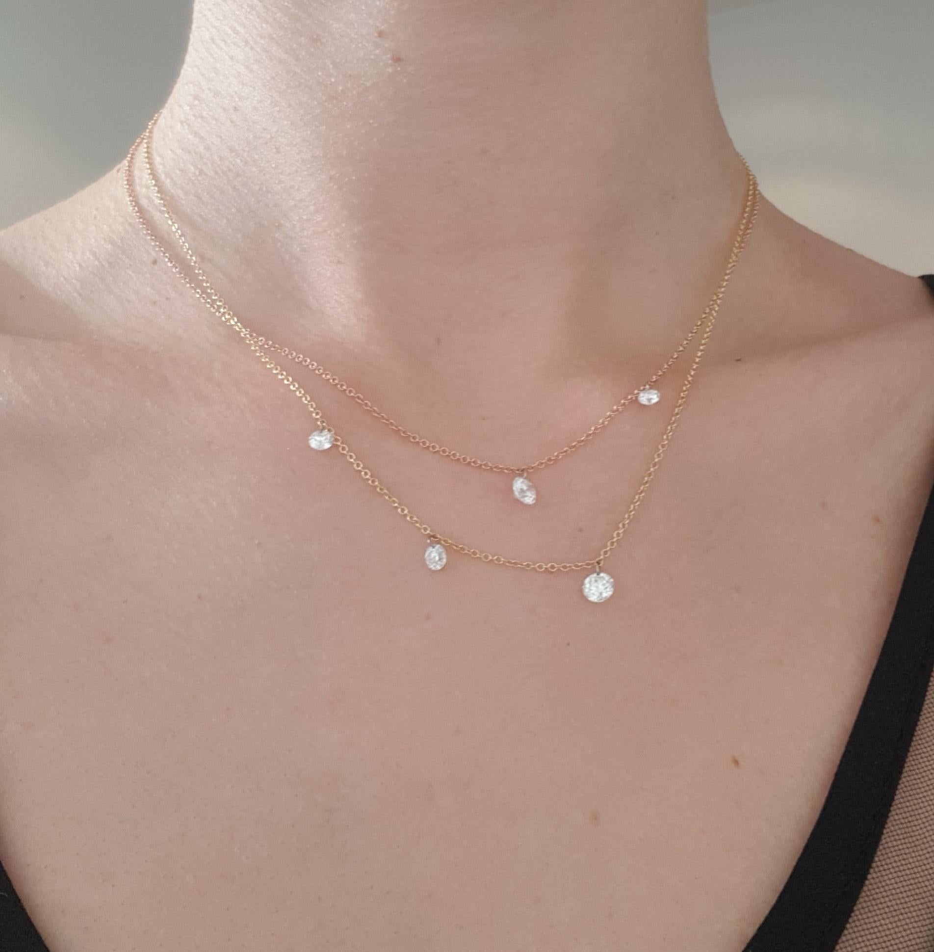 18k gold chain with 3 brillant cut nude diamonds weighing approximately 0.65 cts.
Can be made in any gold color (white, black, yellow or rose) and in any chain length.