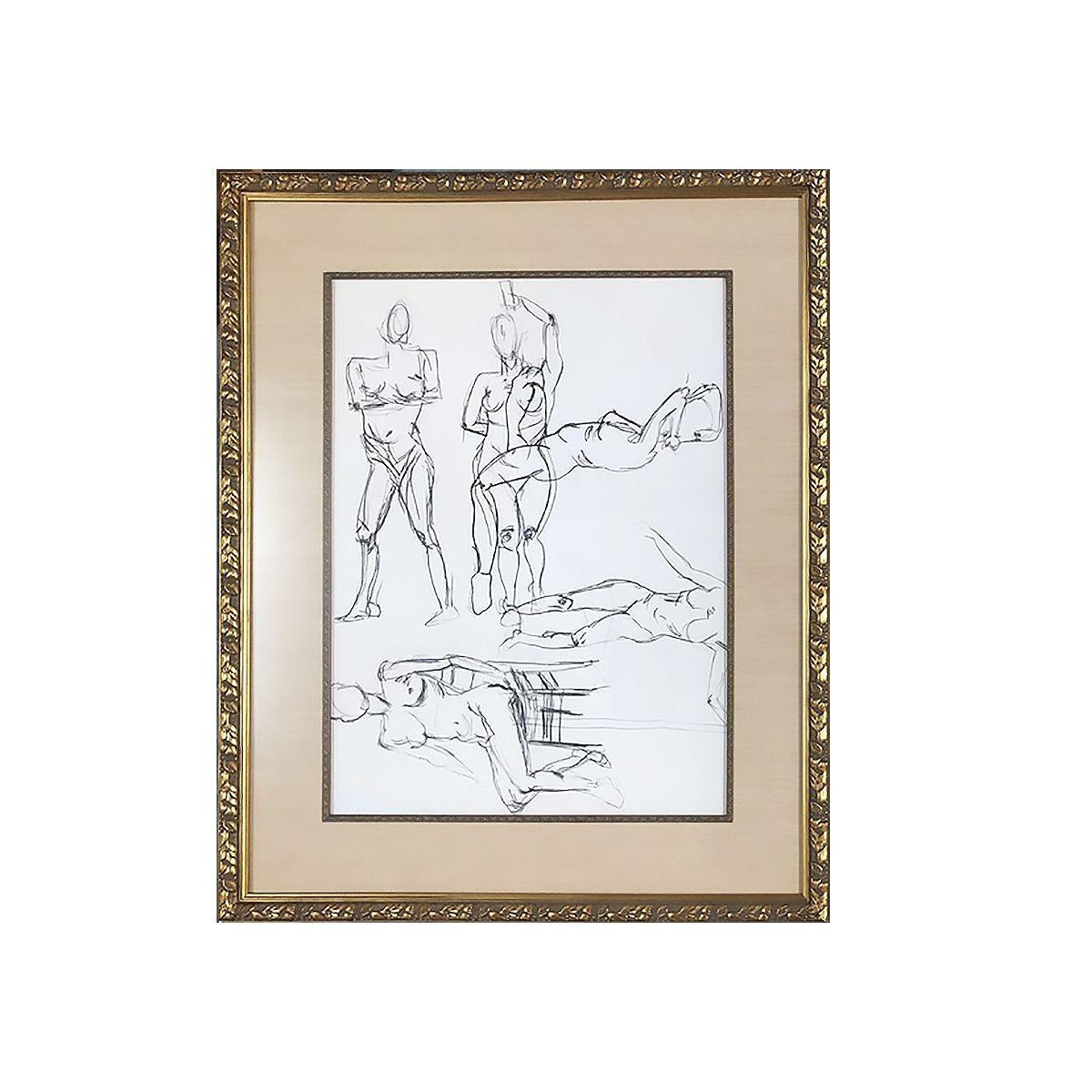 Unsigned pair of pencil on-paper figural drawing panels of the nude female form, each page features a panel of 4 to 5 figure drawings in antique-styled neoclassic leaf and berry gold-finished frames with fabulous fabric matting and leaf and berry