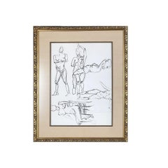 Nude Female Figural Pencil on Paper Drawlings in Gold Tone Frame, Pair