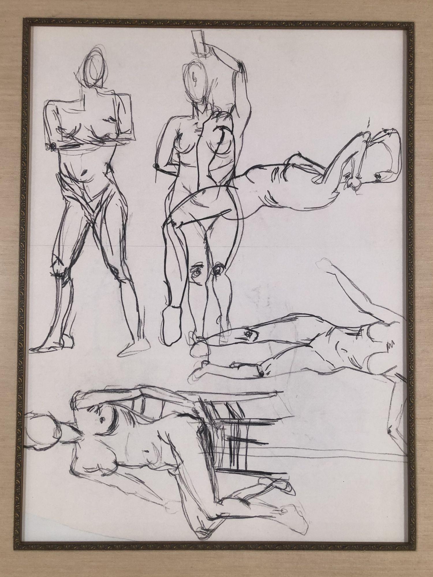 Late 20th Century Nude Female Figural Pencil on Paper Drawlings in Gold Tone Frame, Pair For Sale