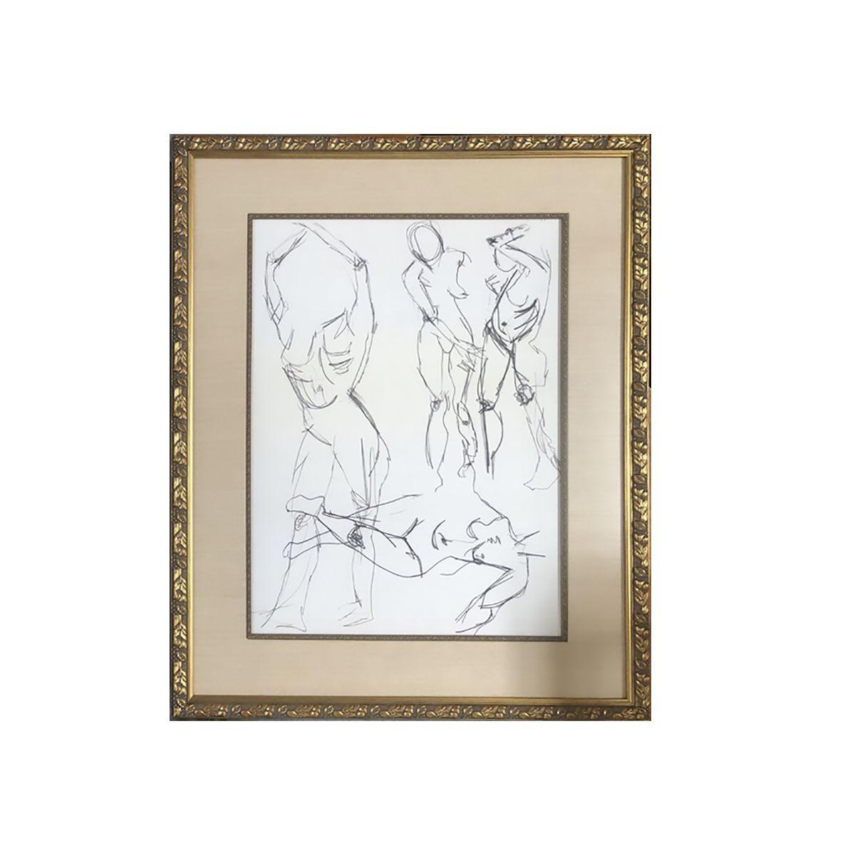 Dessins figuratifs féminins nus dans un cadre en feuille d'or, non signés Excellent état - En vente à Van Nuys, CA