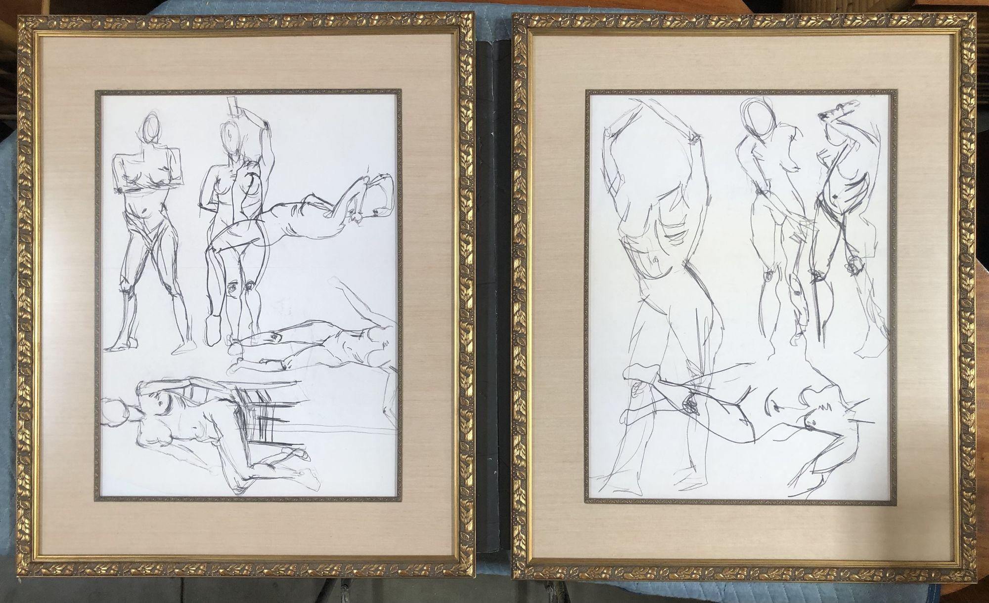 Nude Female Figural Pencil on Paper Drawlings in Gold Tone Frame, Pair In Excellent Condition For Sale In Van Nuys, CA