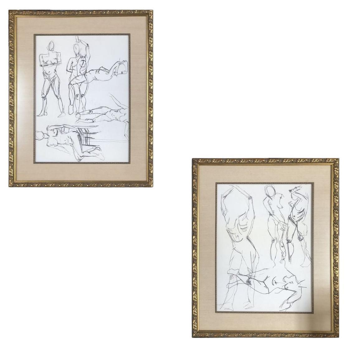Nude Female Figural Pencil on Paper Drawlings in Gold Tone Frame, Pair For Sale