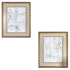 Vintage Nude Female Figural Pencil on Paper Drawlings in Gold Tone Frame, Pair
