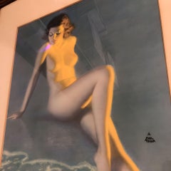 Nude Female Figure at Blue Beach Lithograph by Earl Moran Framed