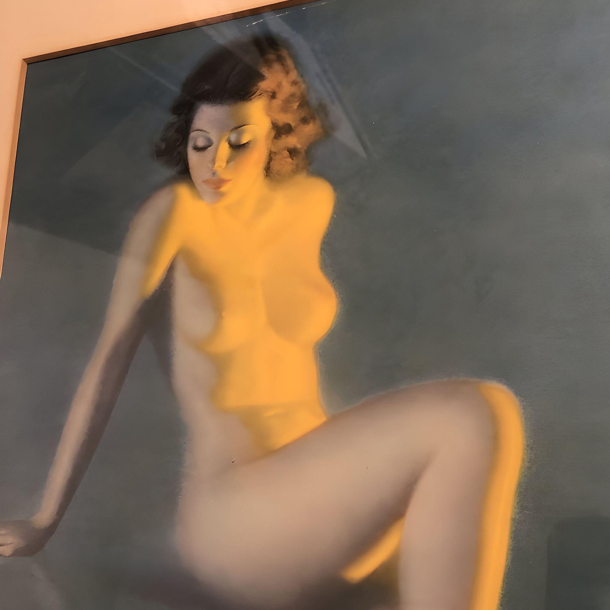 Americano Figura femminile nuda sulla spiaggia blu Litografia di Earl Moran incorniciata in vendita