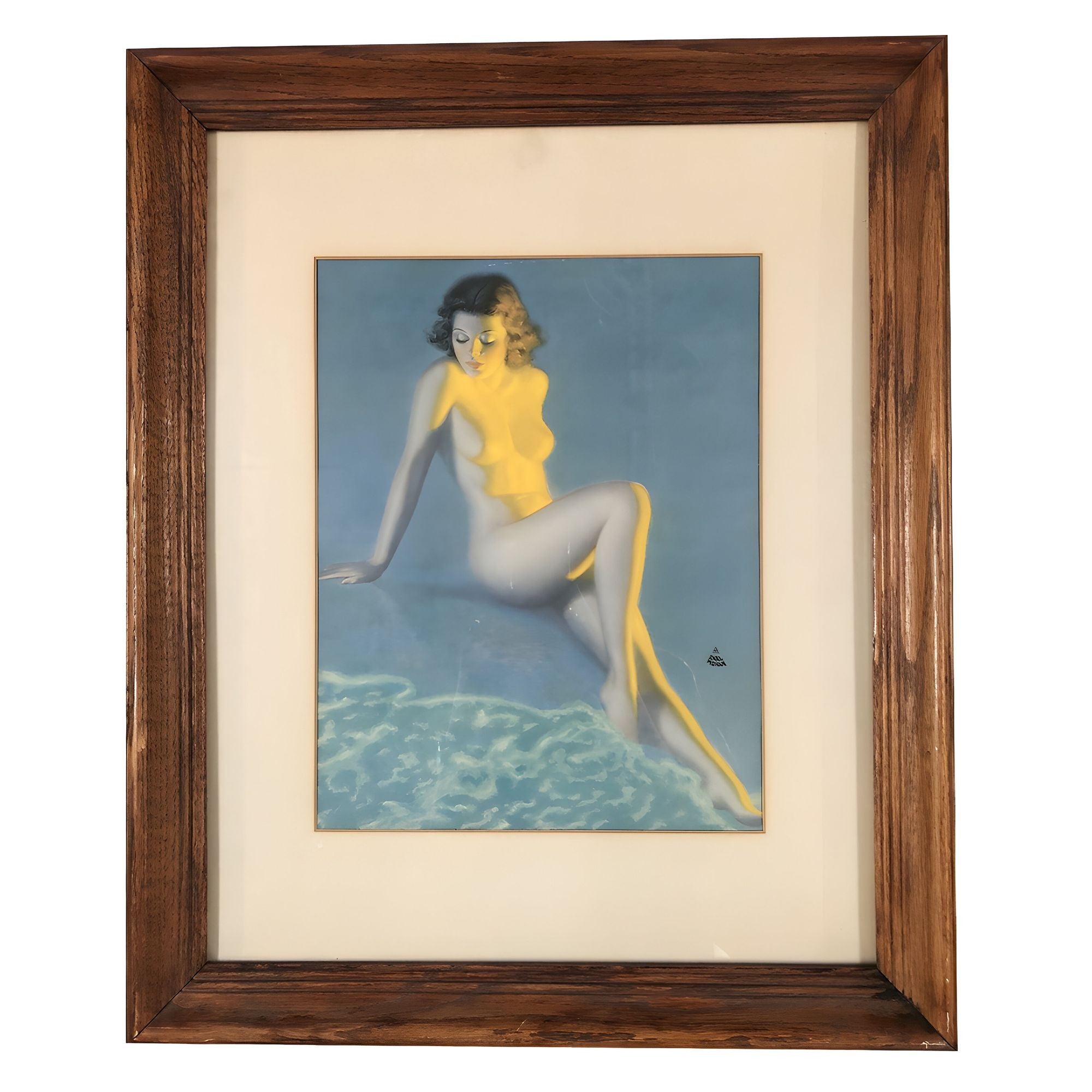 Figura femminile nuda sulla spiaggia blu Litografia di Earl Moran incorniciata in vendita