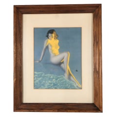 Figura femminile nuda sulla spiaggia blu Litografia di Earl Moran incorniciata