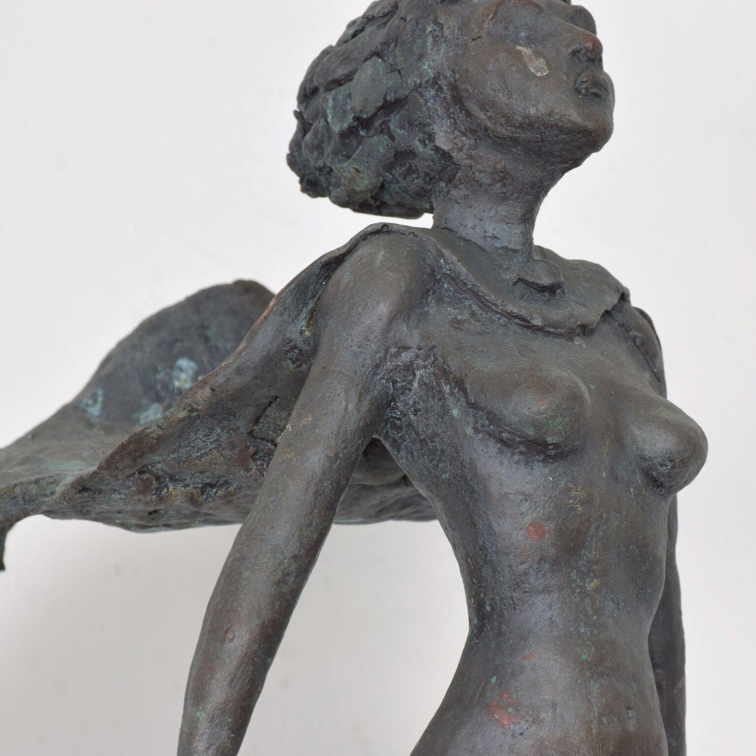Mexican 1970s Fearless Female Nude with Cape Cast Bronze Art