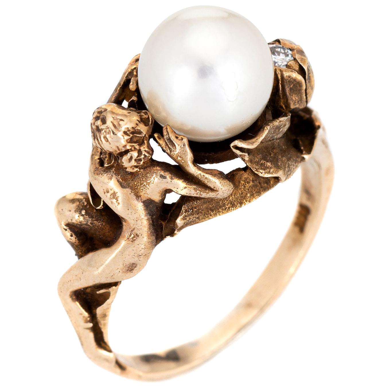 Nude Figural Ring 14 Karat Yellow Gold Cultured Pearl Diamond Flower Jewelry